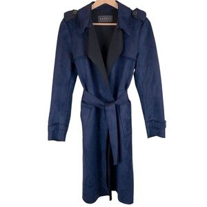 Esprit Midnight Blue Ultrasuede Belted Long Trench Military Coat sz XS